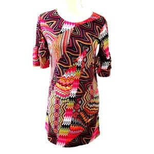 Maggie Breen Multi Print Dress  Size 14 Sparkle Ruffle 3/4 Sleeve  Dress